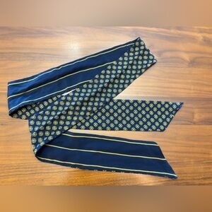 Long 64" Navy & Gold Skinny Scarf | Geometric & Striped Silk Sash